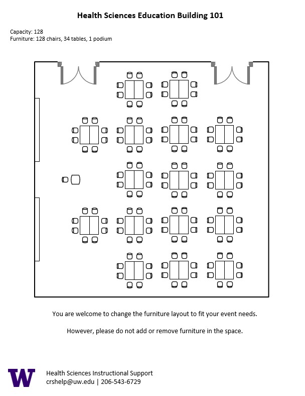 Diagram of the standard room configuration of the HSEB 101 classroom. There is a podium on the left, and 16 square pods of 8 seats spread evenly throughout the room.