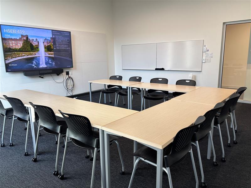 A medium-sized group study room in the Health Sciences Education Building.