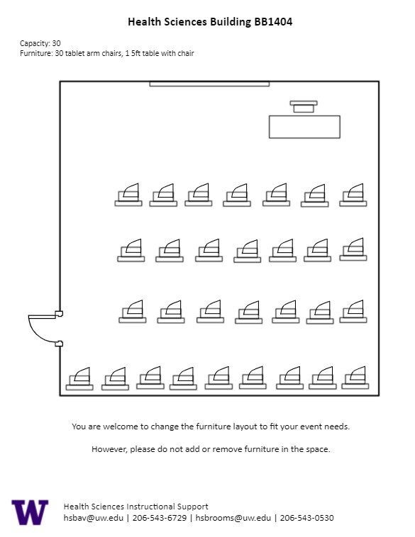 Diagram of the standard room configuration of the HSBB BB1404 classroom. There is a table and chair for the instructor at the end of the room with 30 tablet desks for seating.