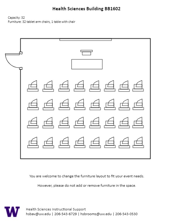 Diagram of the standard room configuration of the HSBB BB1602 classroom. There is a table and chair for the instructor to the left with 32 tablet desks for seating.