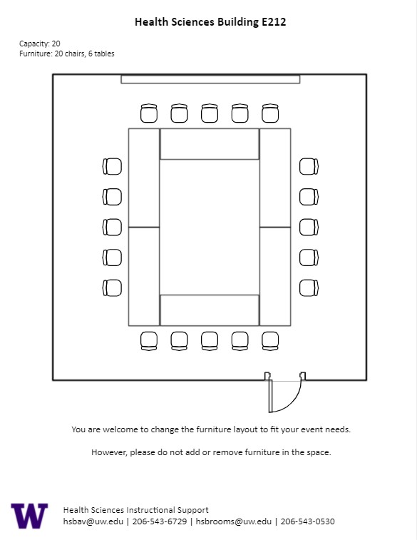 Diagram of the standard room configuration of the HSE E212 classroom. There are 6 tables in a square formation with 5 seats on each side.
