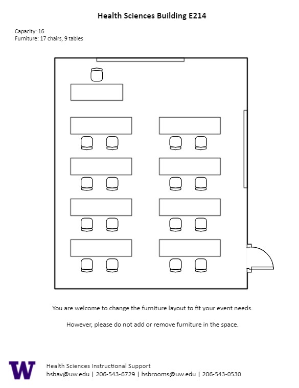 Diagram of the standard room configuration of the HSE E214 classroom. There are 8 tables in 2 rows with 2 seats at each table. Table and chair for instructor at the back of the room.