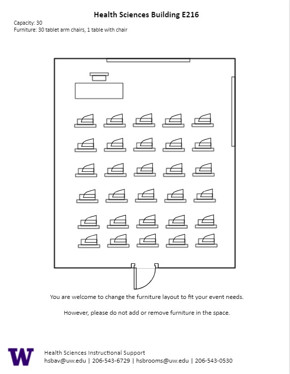 Diagram of the standard room configuration of the HSE E216 classroom. There are 30 rolling tablet desks and a table and chair for instructor at the back of the room.