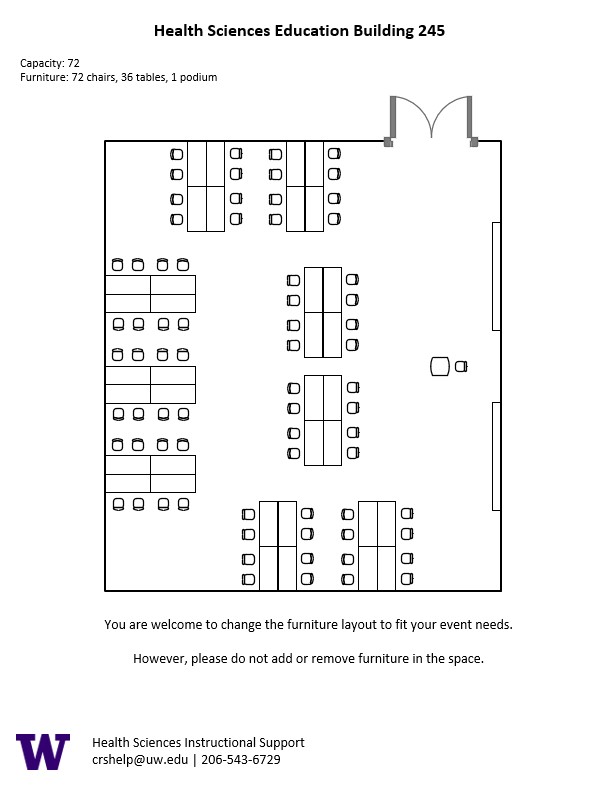 Diagram of the standard room configuration of the HSEB 245 classroom. There is a podium on the left, and 9 rectangular pods of 8 seats spread throughout the room.