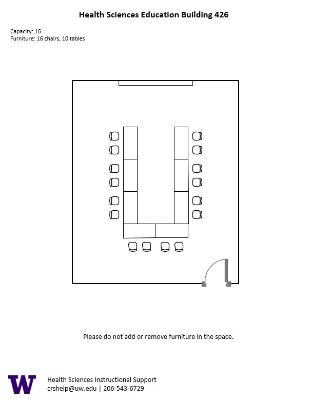 Diagram of the standard room configuration of the HSEB 426 classroom. There are 8 tables a U shape with 2 seats at each table. A TV screen with HDMI connection is at the end of the room.
