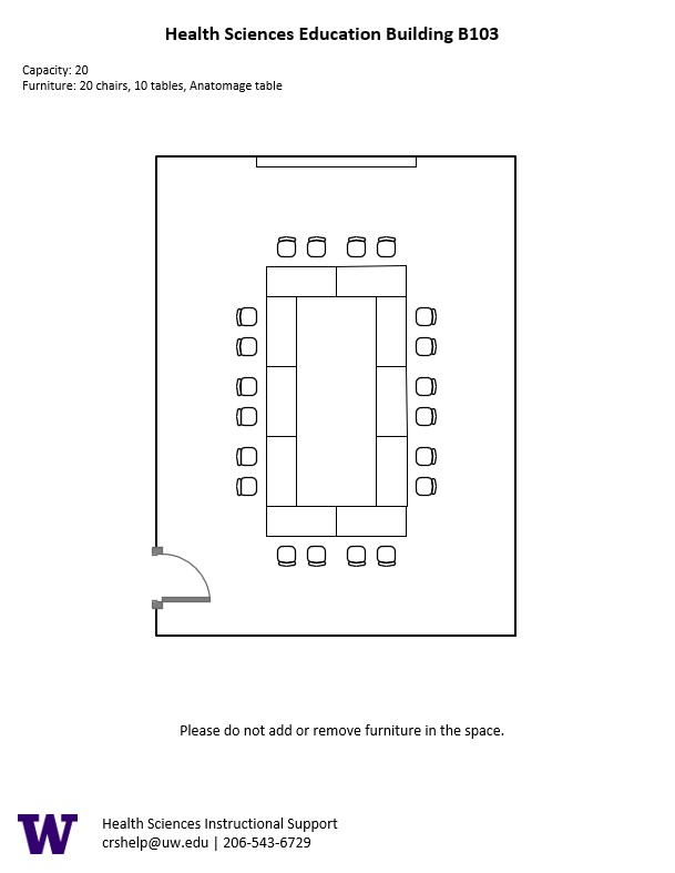 Diagram of the standard room configuration of the HSEB B103 classroom. There is 10 tables in a rectangle format with two chairs at each table. A TV screen and a cable to connect to devices are at the end of the room.