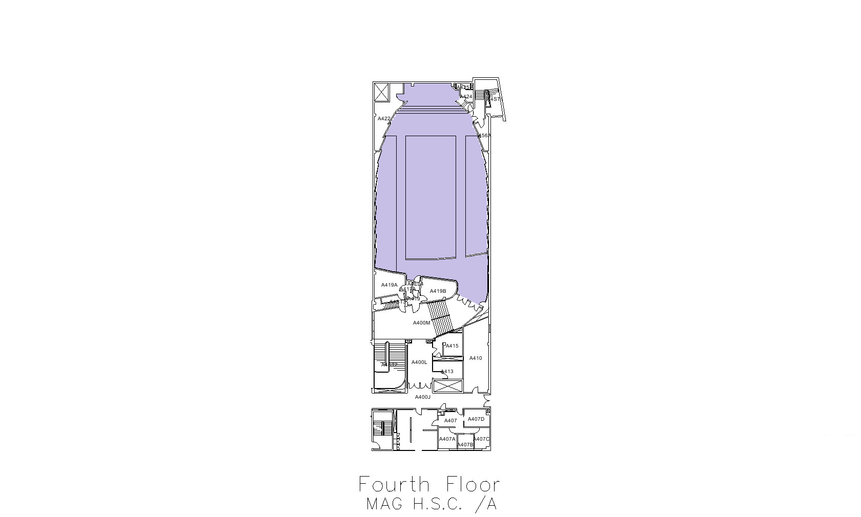 Diagram of the standard room configuration of the A 420 classroom. There are 482 stadium chairs with tables that are split into 3 sections with 2 aisles in-between the sections. There is a podium at the back of the room.