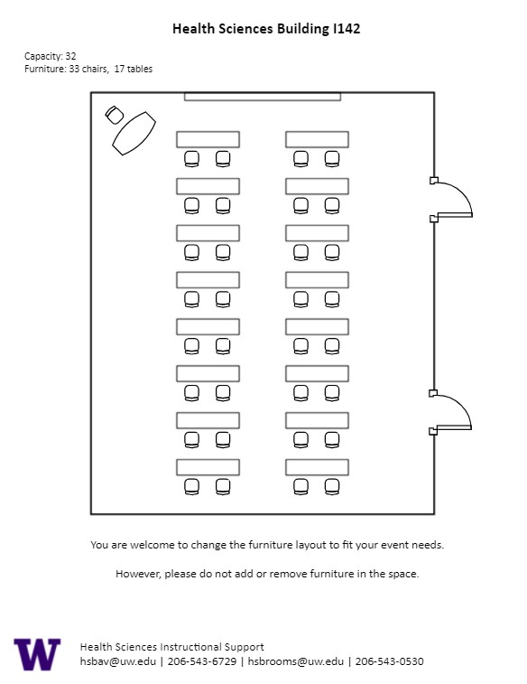 Diagram of the standard room configuration of the HSI I142 classroom. There are 16 tables in 2 rows with 2 seats at each table. Table and chair for instructor at the back of the room.
