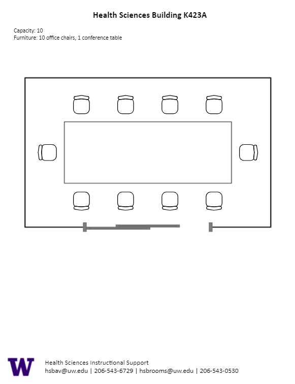 Diagram of the standard room configuration of the HSK K423A conference room. There is 1 conference table with 10 chairs.
