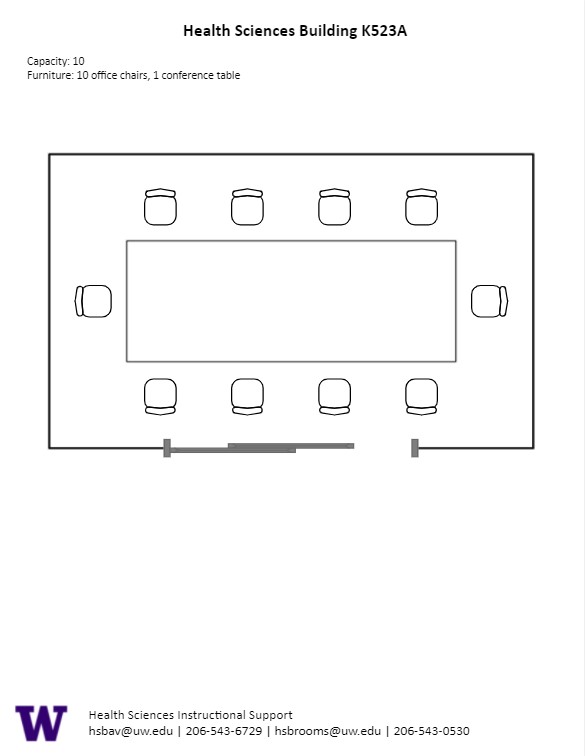 Diagram of the standard room configuration of the HSK K523A conference room. There is one (1) conference table with ten (10) chairs.