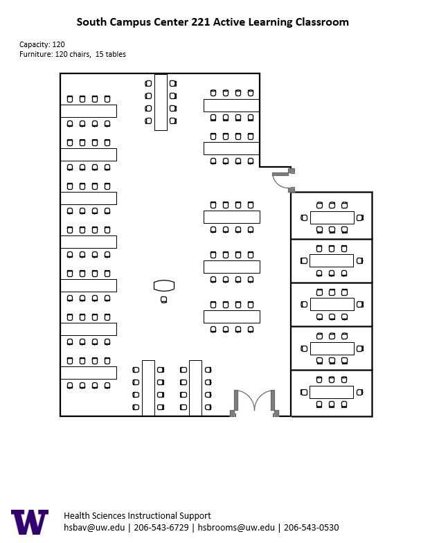 Diagram of the standard room configuration of the SOCC 221 classroom. There is a podium in the center of the room, and 15 rectangular pods of 8 seats spread throughout the room.