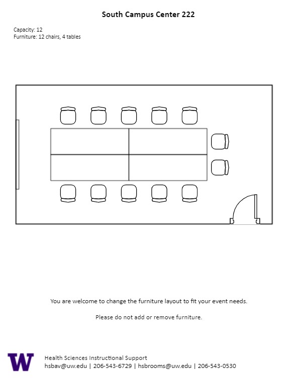 Diagram of the standard room configuration of the SOCC 222 classroom. There are 4 tables put into a rectangular shape with 12 chairs around it.