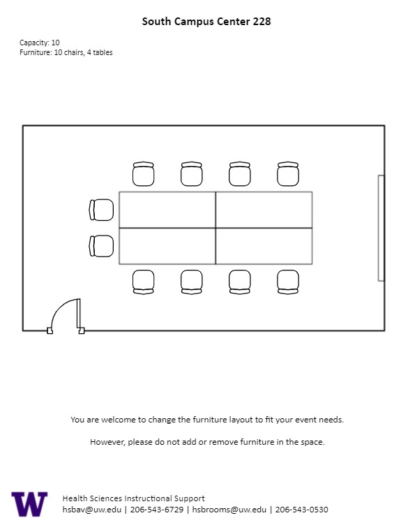 Diagram of the standard room configuration of the SOCC 228 classroom. There are 4 tables put into a rectangular shape with 10 chairs around it.