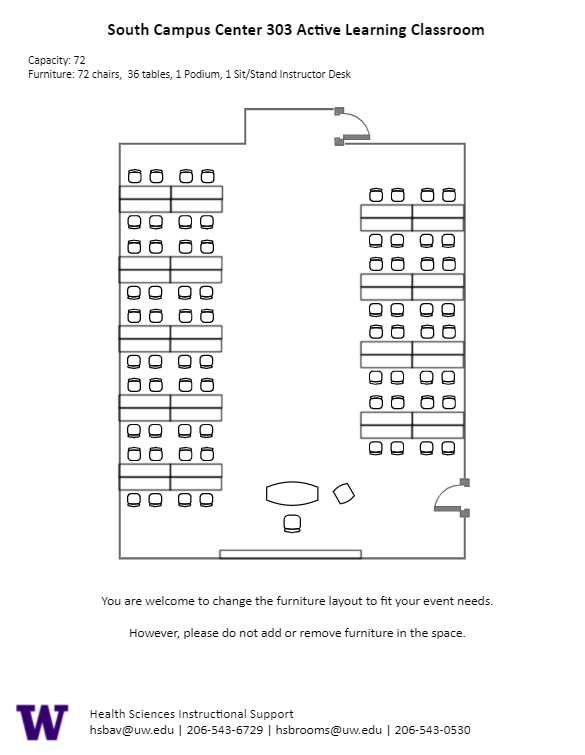 Diagram of the standard room configuration of the SOCC 303 classroom. There is a podium on the left, and 9 rectangular pods of 8 seats spread throughout the room.