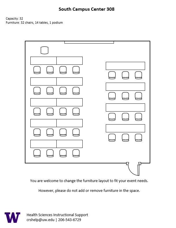 Diagram of the standard room configuration of the SOCC 308 classroom. There are 32 rolling chairs and 14 tables that are split into 2 sections with an aisle in-between the sections. Table and chair for instructor at the back of the room.