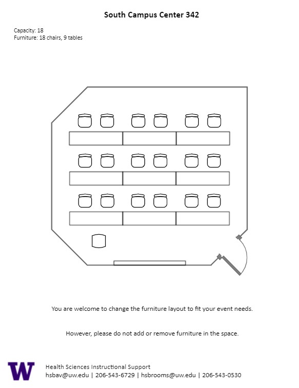 Diagram of the standard room configuration of the SOCC 342 classroom. There is a podium on the left, and 9 rectangular pods of 8 seats spread throughout the room.