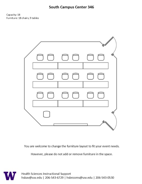 Diagram of the standard room configuration of the SOCC 346 classroom. There is a podium on the left, and 9 rectangular pods of 8 seats spread throughout the room.