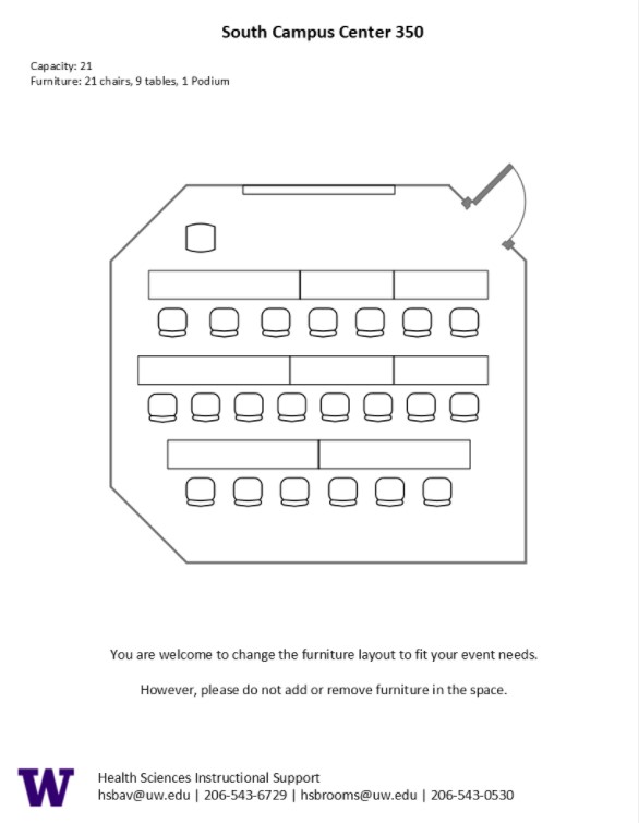 Diagram of the standard room configuration of the SOCC 350 classroom. There is a podium on the left, and 9 rectangular pods of 8 seats spread throughout the room.