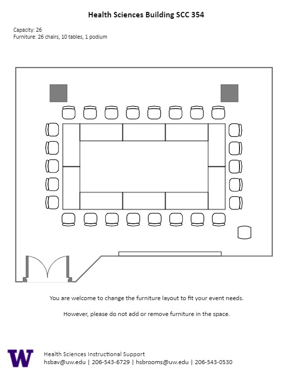 Diagram of the standard room configuration of the SOCC 354 Crow's Nest event space.