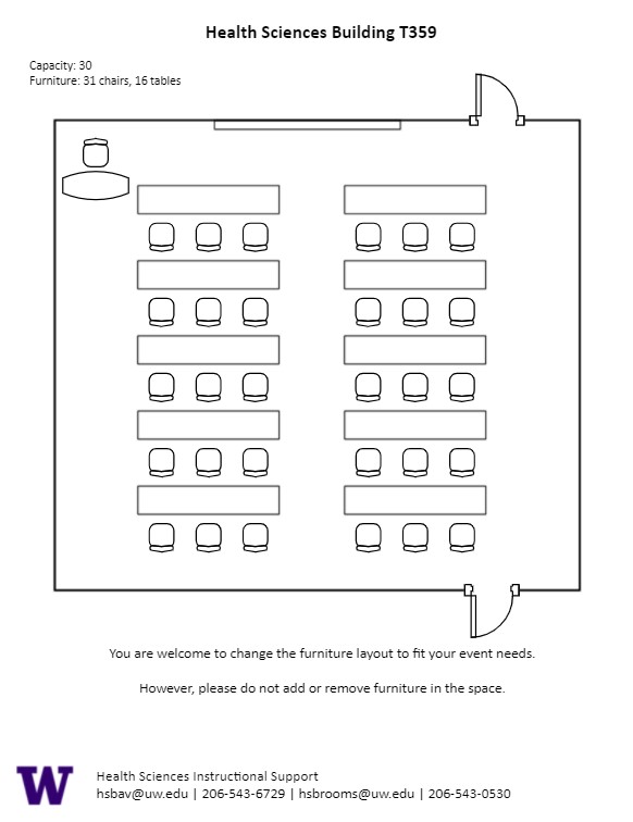 Diagram of the standard room configuration of the HST T 359 classroom. There are 10 tables in 2 rows with 3 seats at each table. Table and chair for instructor at the back of the room.