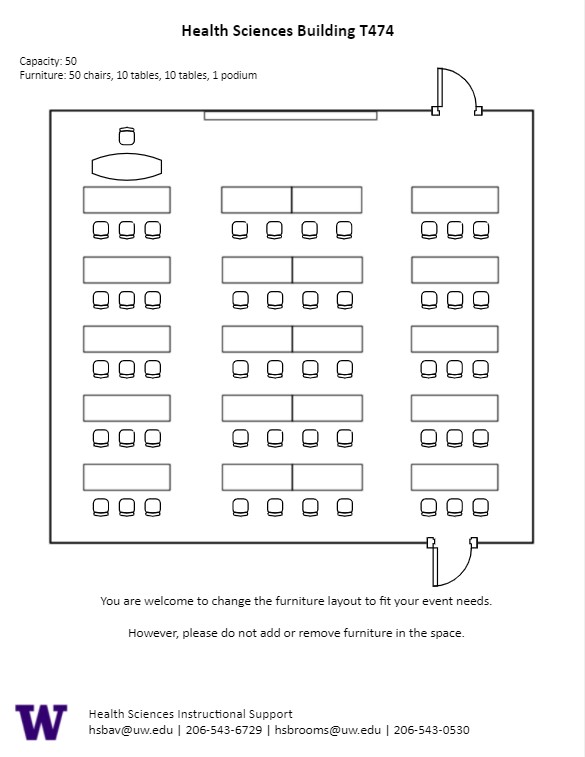 Diagram of the standard room configuration of the HST T 474 classroom. There are 50 rolling chairs and 20 tables that are split into 3 sections with 2 aisles in-between the sections. Table and chair for instructor at the back of the room.