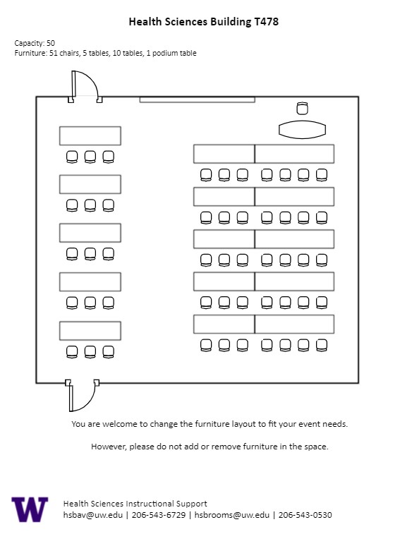 Diagram of the standard room configuration of the HST T 478 classroom. There are 50 rolling chairs and 20 tables that are split into 2 sections with an aisle in-between the sections. Table and chair for instructor at the back of the room.
