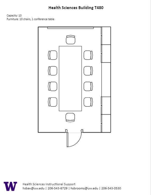 Diagram of the standard room configuration of the HST T 480 conference room. There is 1 conference table with 10 chairs.