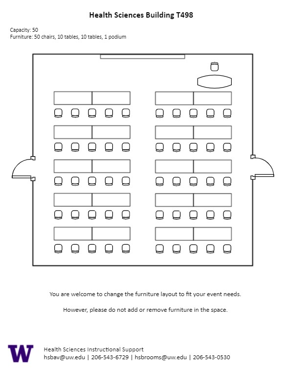 Diagram of the standard room configuration of the HST T 498 classroom. There are 5 rows of 4 tables with 2 chairs at each table. The podium is at the front of the room.