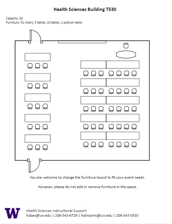Diagram of the standard room configuration of the HST T 530 classroom. There are 50 rolling chairs and 15 tables that are split into 2 sections with an aisle in-between the sections. Table and chair for instructor at the back of the room.
