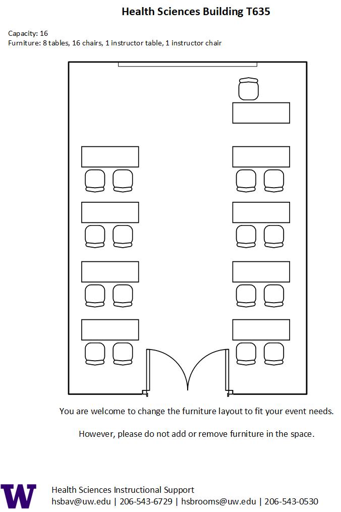 Diagram of the standard room configuration of the HST T 635 classroom. There is a table and chair for the instructor at the end of the room and two rows of four tables with two seat each.
