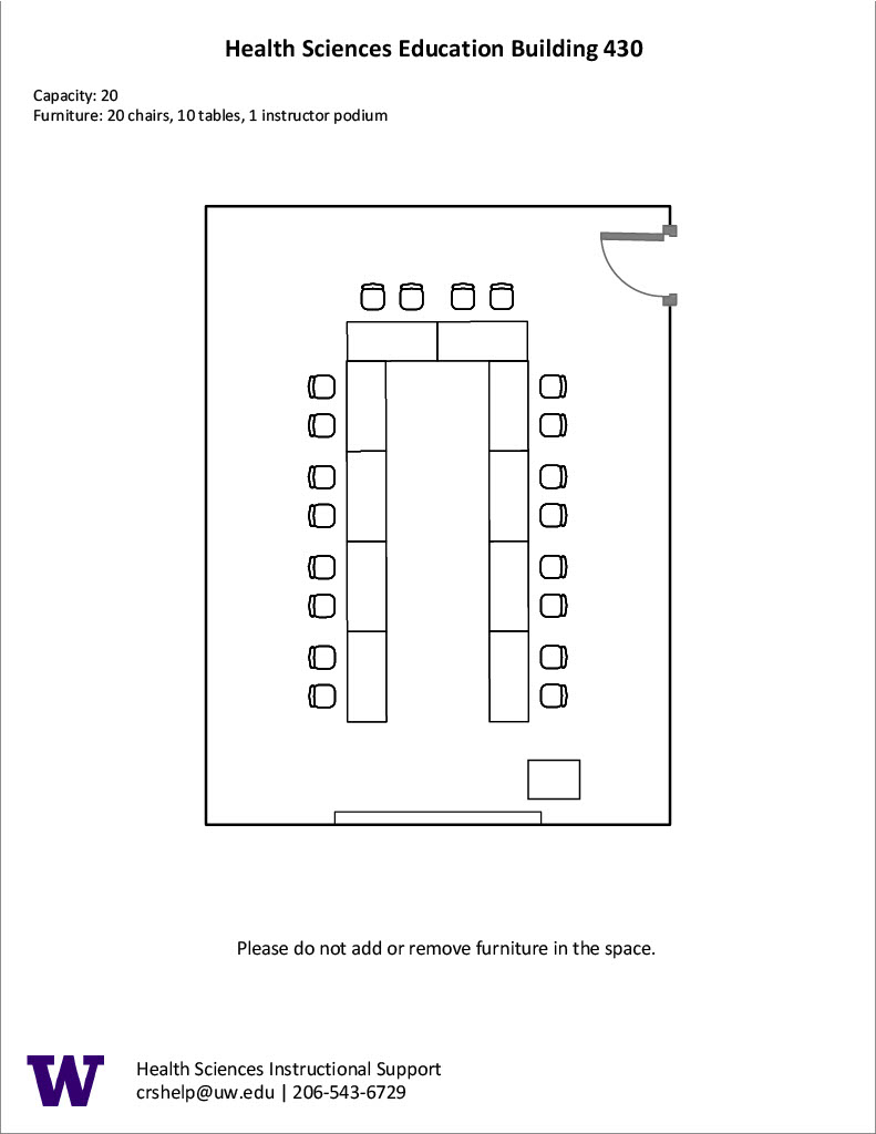 Diagram of the standard room configuration of the HSEB 430 classroom. There are 10 tables a U shape with 2 seats at each table. A TV screen with HDMI connection is at the end of the room.