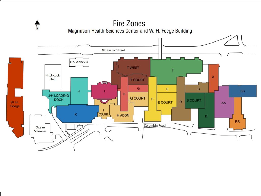 A map of fire zones in the Health Sciences. From left to right: Foege building; J wing (including J/K loading dock); K wing; I wing; I court, H wing addition, and G court; G and H wing; T wing; E wing, F wing, and F court; C and D wing; B wing and B court; A wing; AA wing; BB wing, RR wing.