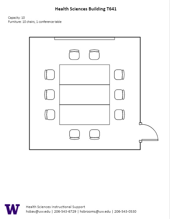 Diagram of the standard room configuration of the HST T 641 classroom. There is a podium on the left, and 9 rectangular pods of 8 seats spread throughout the room.