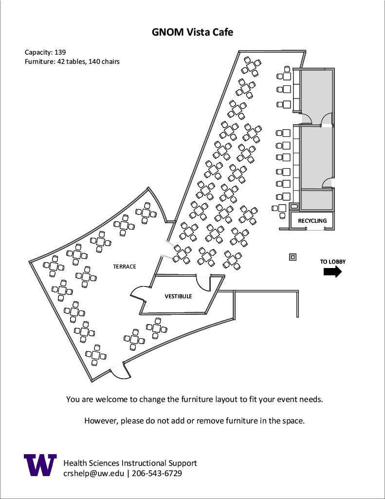 Diagram of the standard room configuration of the Genome Vista Cafe event space.