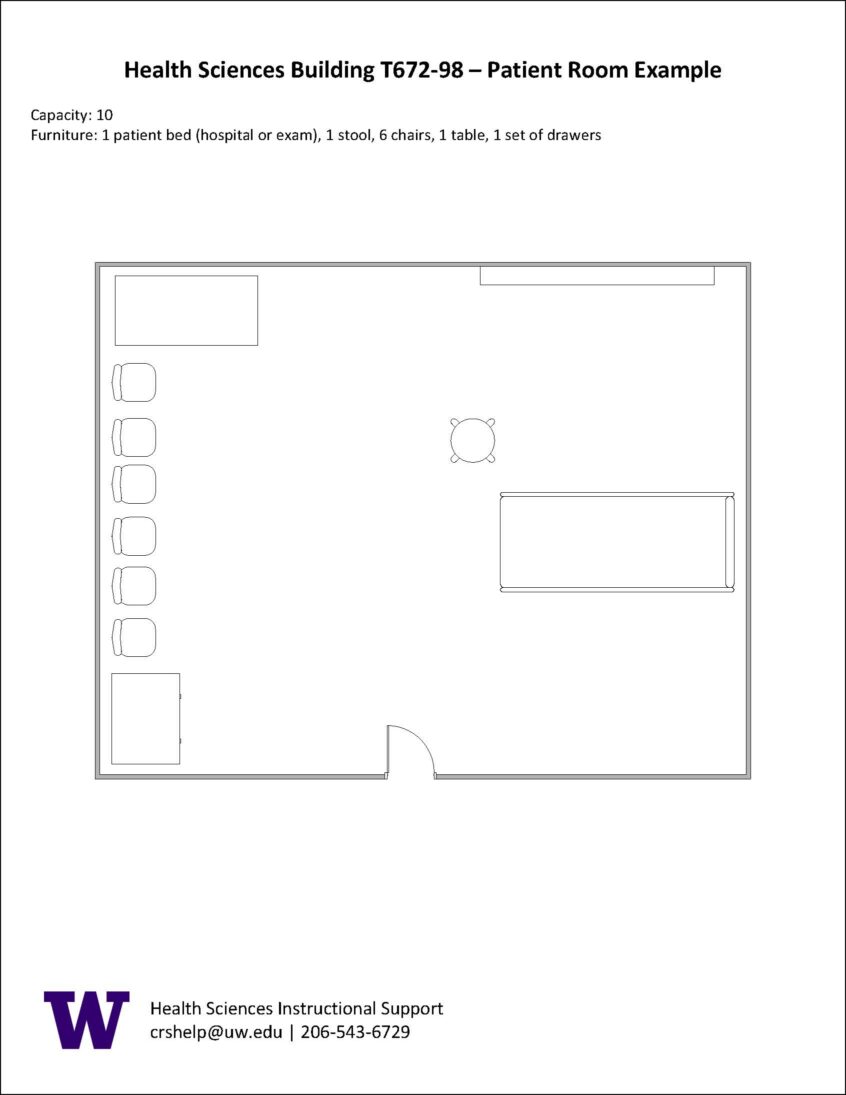 Diagram of the default layout of the furniture in a simulated patient exam room in the T6 Simulation Suite.