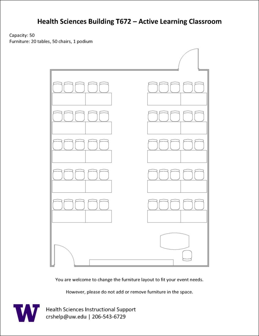 Diagram of the default layout of the moveable tables and chairs in the T672 Active Learning Classroom.