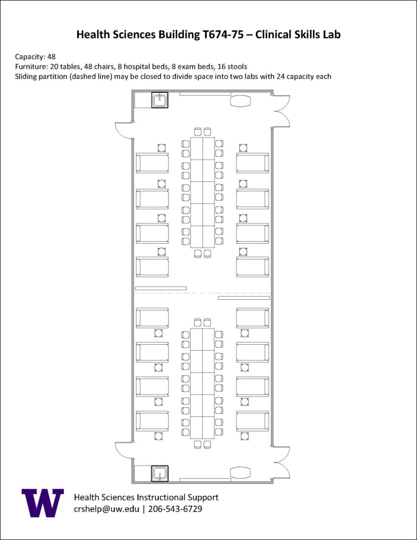 Diagram of the default layout of the tables, chairs, and patient beds in the T674-75 Clinical Skills Labs.