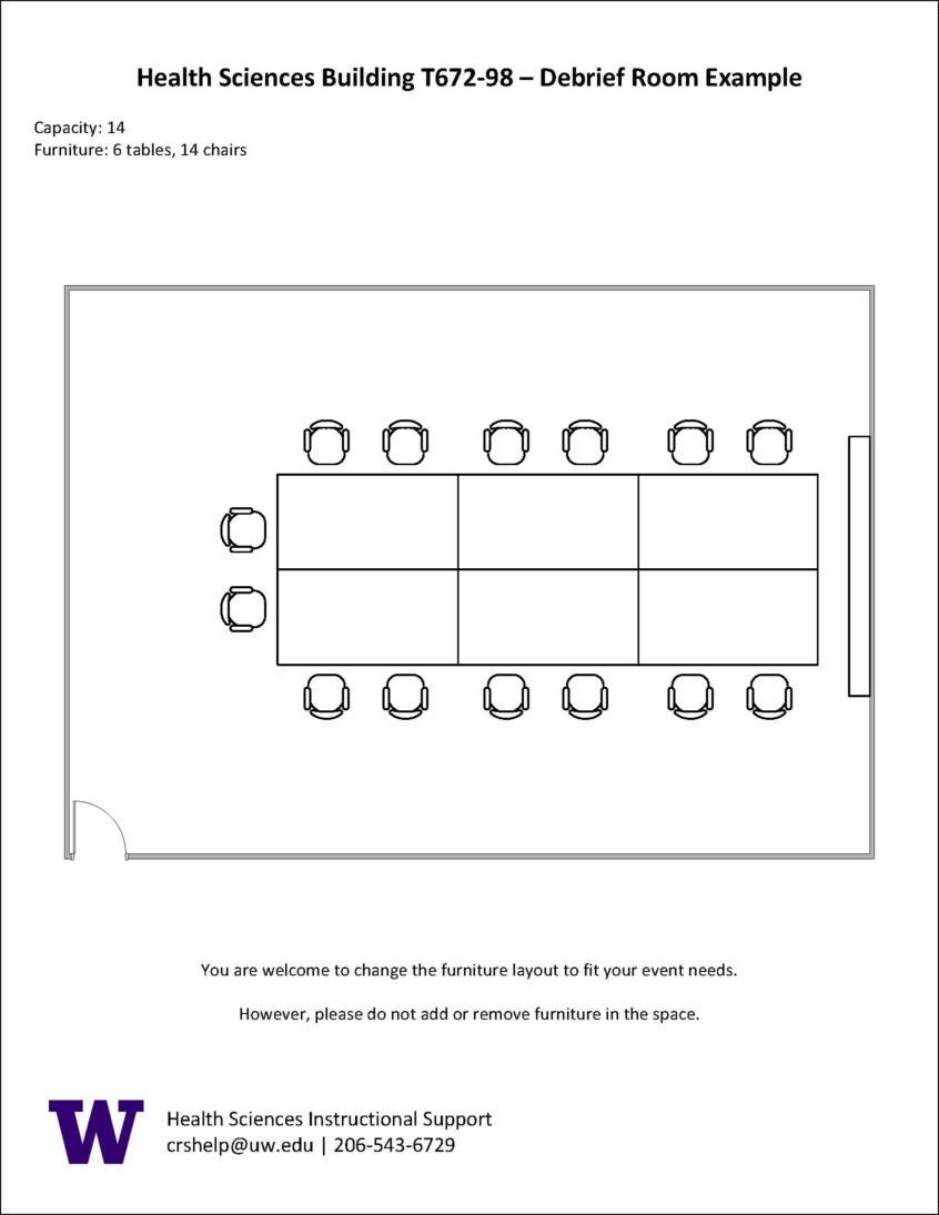 Diagram of the default layout of the moveable tables and chairs in a debrief room in the T6 Simulation Suite.